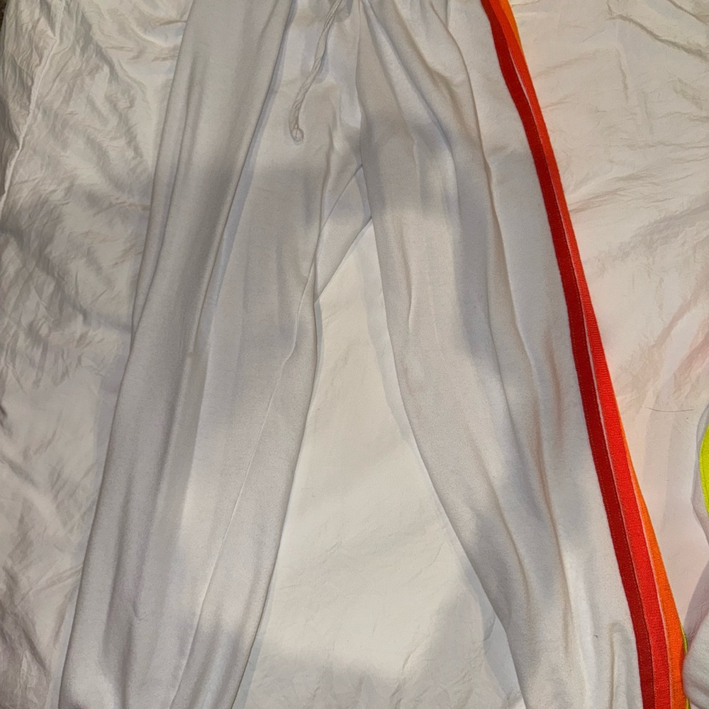 White Track Pants with Red and Orange Stripe